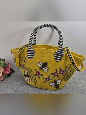 America & Beyond‎ Bead Embellished Bees & Flowers Burlap Yellow Tote Bag W Strap